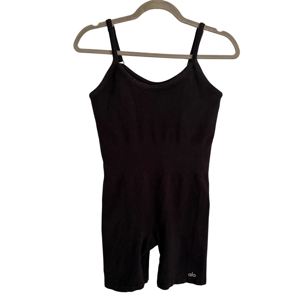 Alo Yoga Ribbed Seamless Romper Black Adjustable Straps Bodysuit Shortie Medium